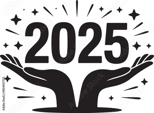 Black 2025 year number held by cupped hands with stars 1