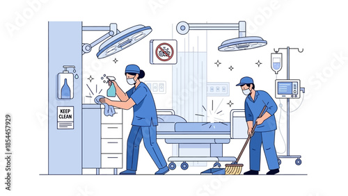 Healthcare workers cleaning and sanitizing hospital room in vector illustration