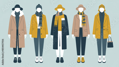 Collection of trendy winter outfits with coats, scarves, and hats for cold weather fashion