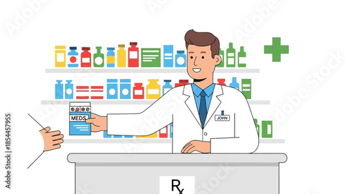 Friendly pharmacist handing prescription medicine to customer in pharmacy