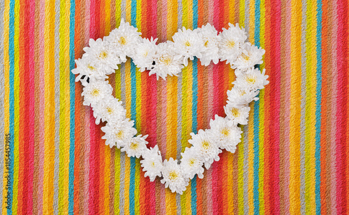 White Flowers Heart on Colored Fluffy Furry Textyle Surface. File with Clipping Path.