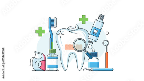 Dental care illustration with toothbrush, toothpaste, and floss