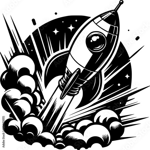 Cosmic Ascent: A dynamic graphic illustration of a rocket ship soaring into the vast expanse of space. Showcasing the adventurous spirit of space exploration