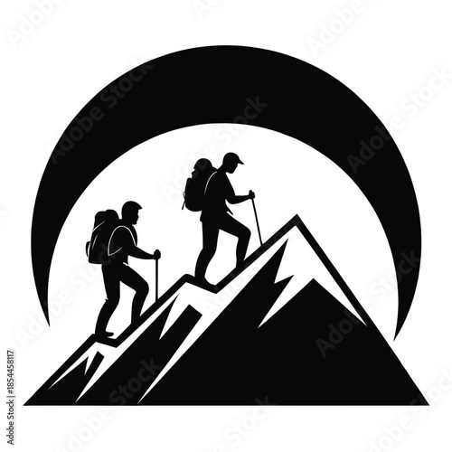 Black and white vector illustration of two hikers climbing