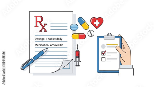 Medical prescription with pills, syringe, and clipboard illustration