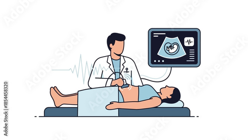 Doctor Performing Ultrasound Examination on Pregnant Woman in Clinic