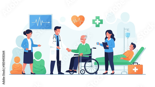 Healthcare professionals assisting elderly patient in hospital setting