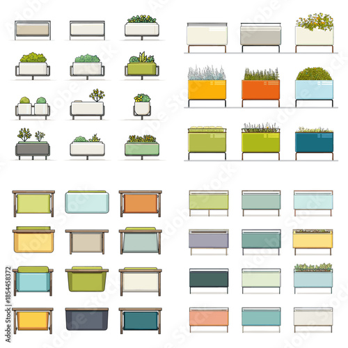 Set of modern furniture planters with greenery, featuring clean geometric forms for interior design layouts, landscaping concepts, and contemporary illustration projects.