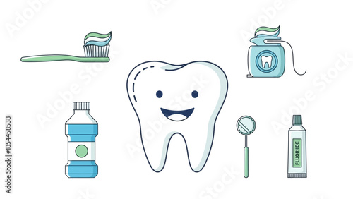 Vector illustration of dental care items with smiling tooth character