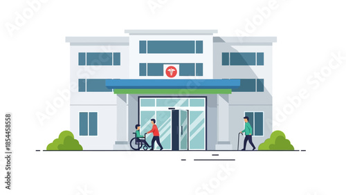 Modern hospital entrance with people and wheelchair accessibility