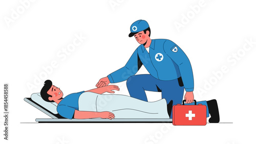 Paramedic assisting patient on stretcher with medical kit in hand