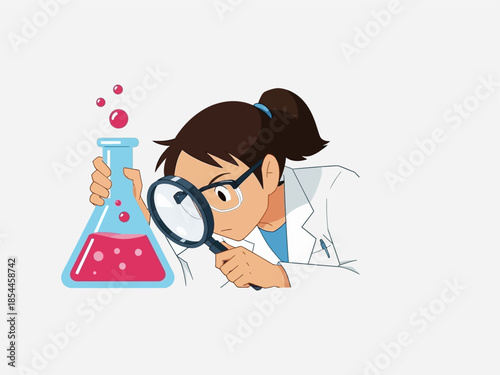 Scientist Examining Chemical Experiment with Magnifying Glass.