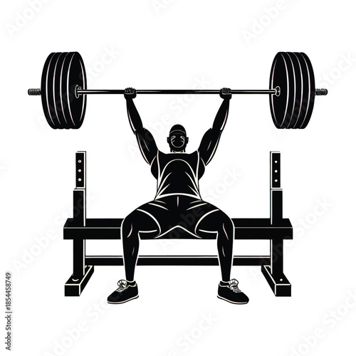 Black and white illustration of a man weightlifting with barbells