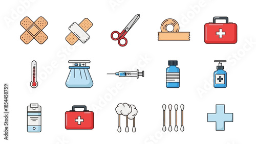 Collection of Medical and First Aid Icons in Flat Design Style