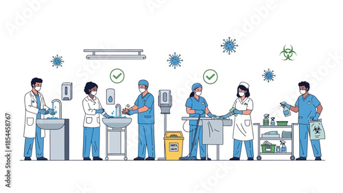 Healthcare professionals practicing hygiene and safety measures in hospital