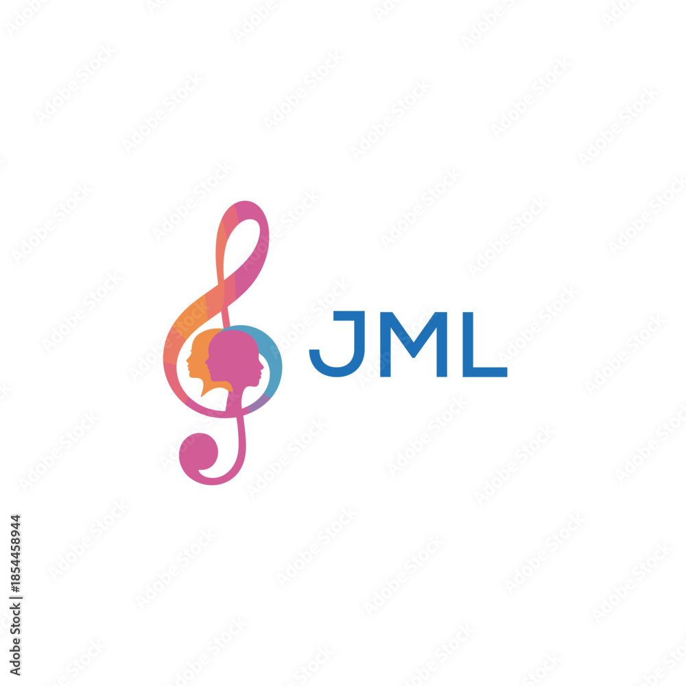 Fototapeta premium “Creative music logo with human silhouettes and treble clef in gradient colors, JML Later Logo, modern artistic design isolated on white background”JML music logo, JML treble clef, JML human sil