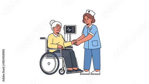 Nurse caring for elderly woman in wheelchair with medical monitor