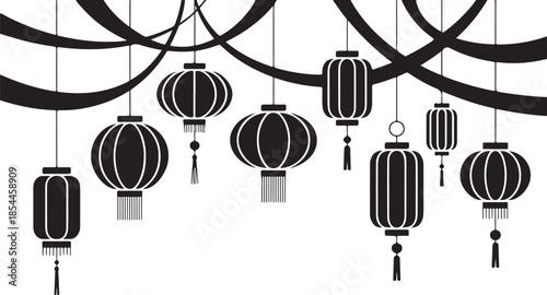 Black Chinese lanterns hanging from curved lines decoration