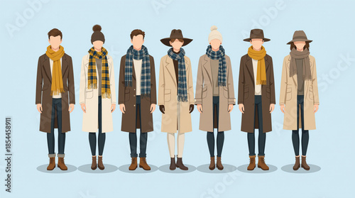Stylish autumn and winter fashion collection displaying diverse coat and scarf outfits