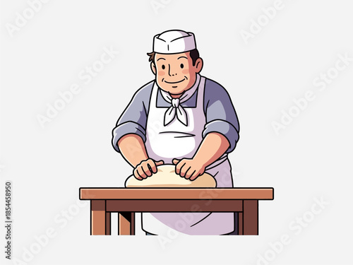 Baker Kneading Dough on Wooden Table.