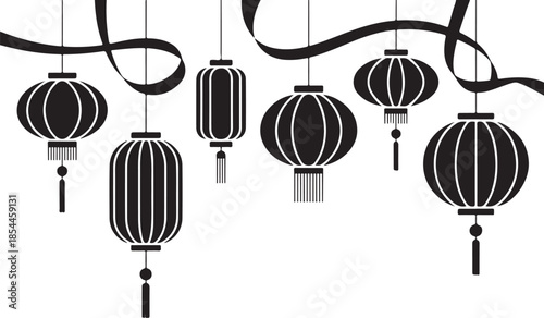 Black Chinese lanterns hanging with ribbon white