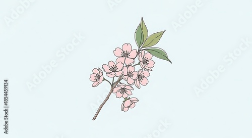Delicate Pink Cherry Blossoms on a Branch with Green Leaves.