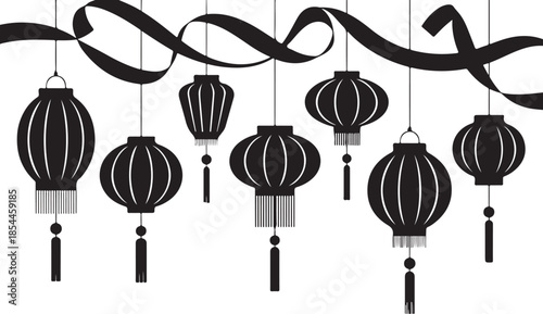 Black Chinese Lanterns Hanging With Ribbon white