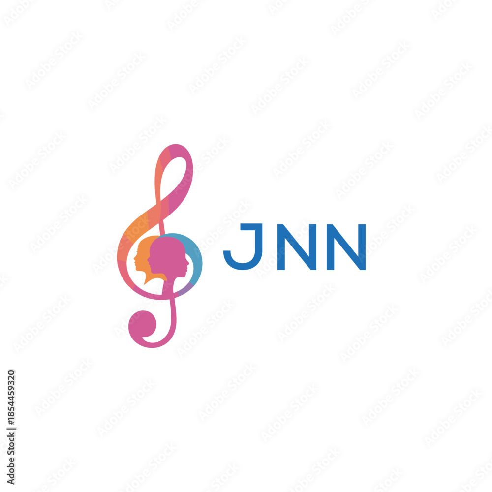 Fototapeta premium “Creative music logo with human silhouettes and treble clef in gradient colors, JNN Later Logo, modern artistic design isolated on white background”JNN music logo, JNN treble clef, JNN human sil