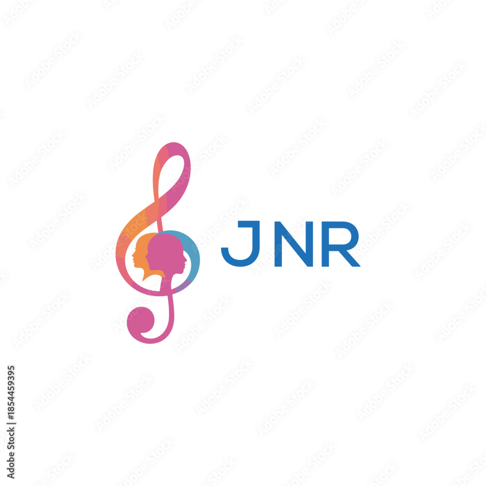 Fototapeta premium “Creative music logo with human silhouettes and treble clef in gradient colors, JNR Later Logo, modern artistic design isolated on white background”JNR music logo, JNR treble clef, JNR human sil