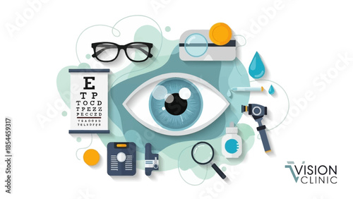 Eye care concept with medical tools and vision test chart