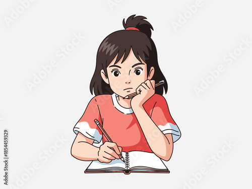 Young Girl Studying with Thoughtful Expression.
