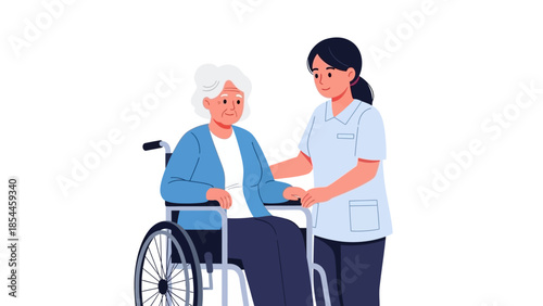 Nurse assisting elderly woman in wheelchair on white background