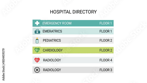 Hospital Directory Sign with Department Icons and Floor Numbers
