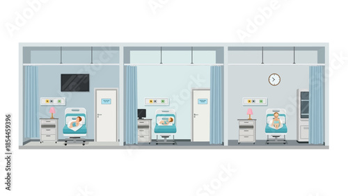 Modern hospital ward with patient beds and medical equipment