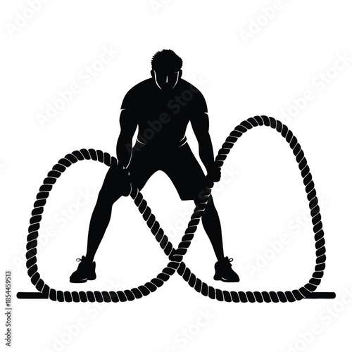 Man exercising with battle ropes in black silhouette on white