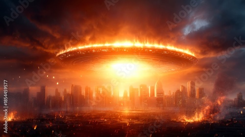 A dramatic scene depicting a UFO hovering over a city, surrounded by flames and dark clouds, suggesting an apocalyptic scenario.