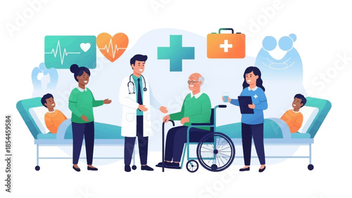 Healthcare professionals assisting elderly patient in hospital setting