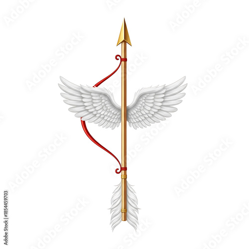 A golden arrow with white wings and red ribbon floating on a white background