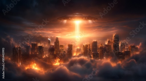 A dramatic scene of a city skyline engulfed in flames with a UFO beaming light down from the sky, creating an otherworldly atmosphere.