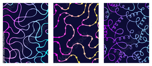 Neon psychedelic wavy lines, vector hand drawn triptych set with three dark cards. Hologram gradient twisted lines, ultra acid holographic glow. Vector retro cliparts with abstract shapes
