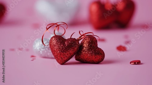 Romantic glitter heart ornaments with ribbons on pink background for valentine's day