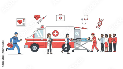 Medical team responding to emergency with ambulance and doctors