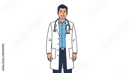 Smiling male doctor in white coat with stethoscope on white background