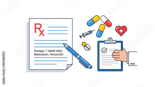 Medical prescription and healthcare items in flat lay illustration