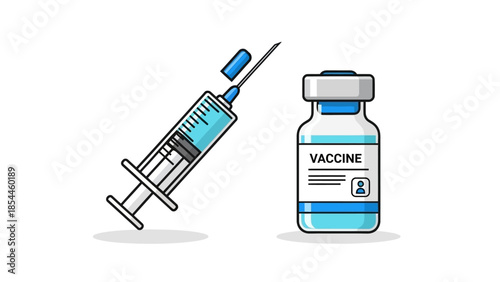 Illustration of a syringe and vaccine vial on a white background