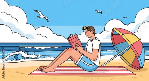 Man reading on beach vacation.