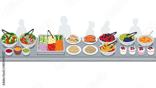 Buffet table with diverse healthy food options and salads