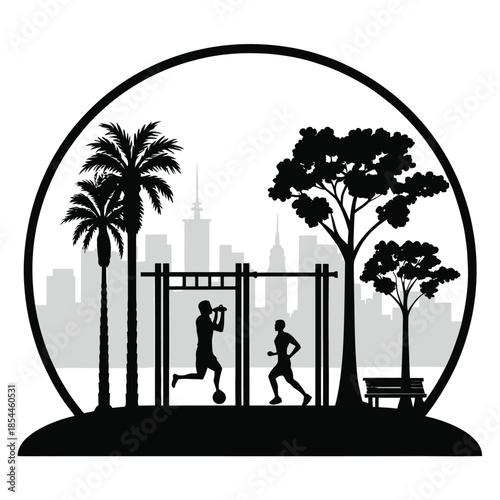 Black and white vector illustration of people exercising outdoors