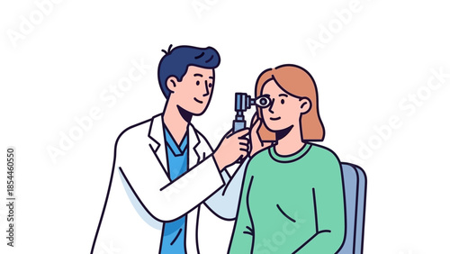 Doctor examining patient's eyes with otoscope in medical office