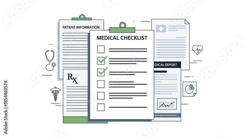 Medical documents and checklist illustration with healthcare icons